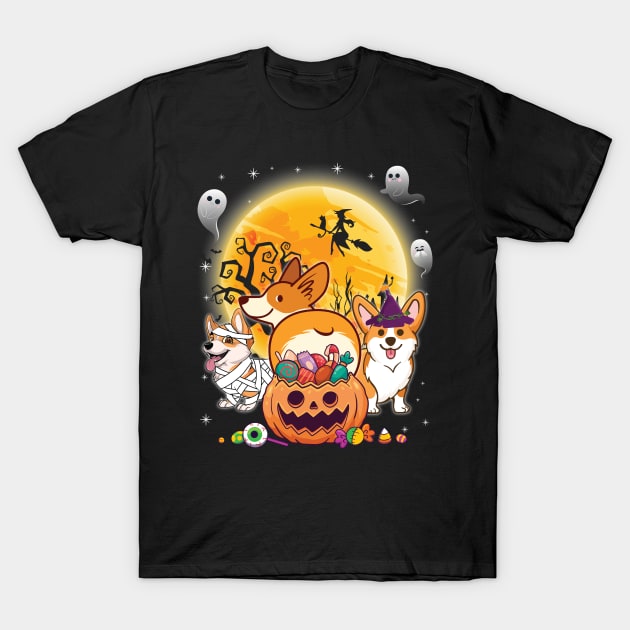 Welsh Corgi Cardigan Dog Mummy Witch Moon Ghosts Happy Halloween Thanksgiving Merry Christmas Day T-Shirt by joandraelliot